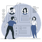 Image with man and woman doing comprehensive and deep business analysis