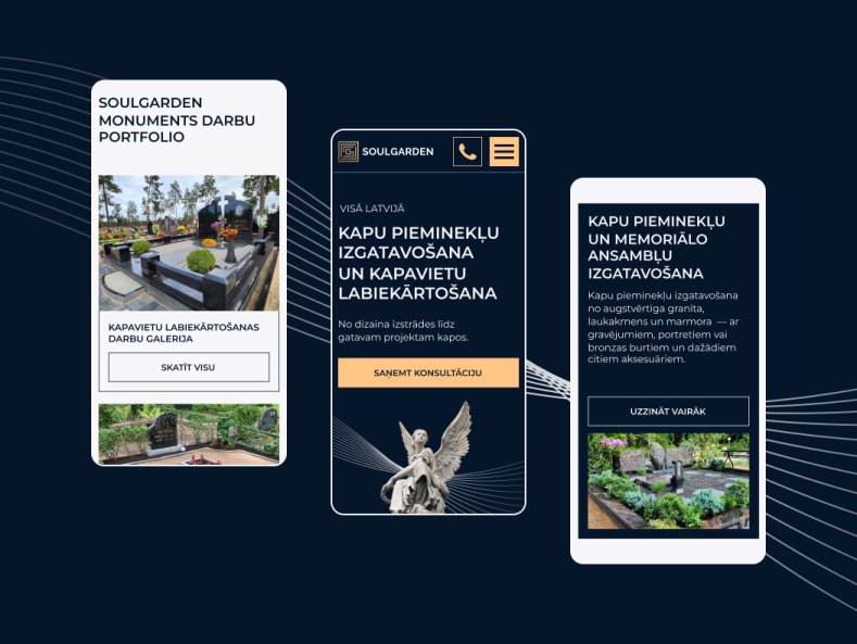 Mobile screenshots of a custom-designed website for a high-end monument maker